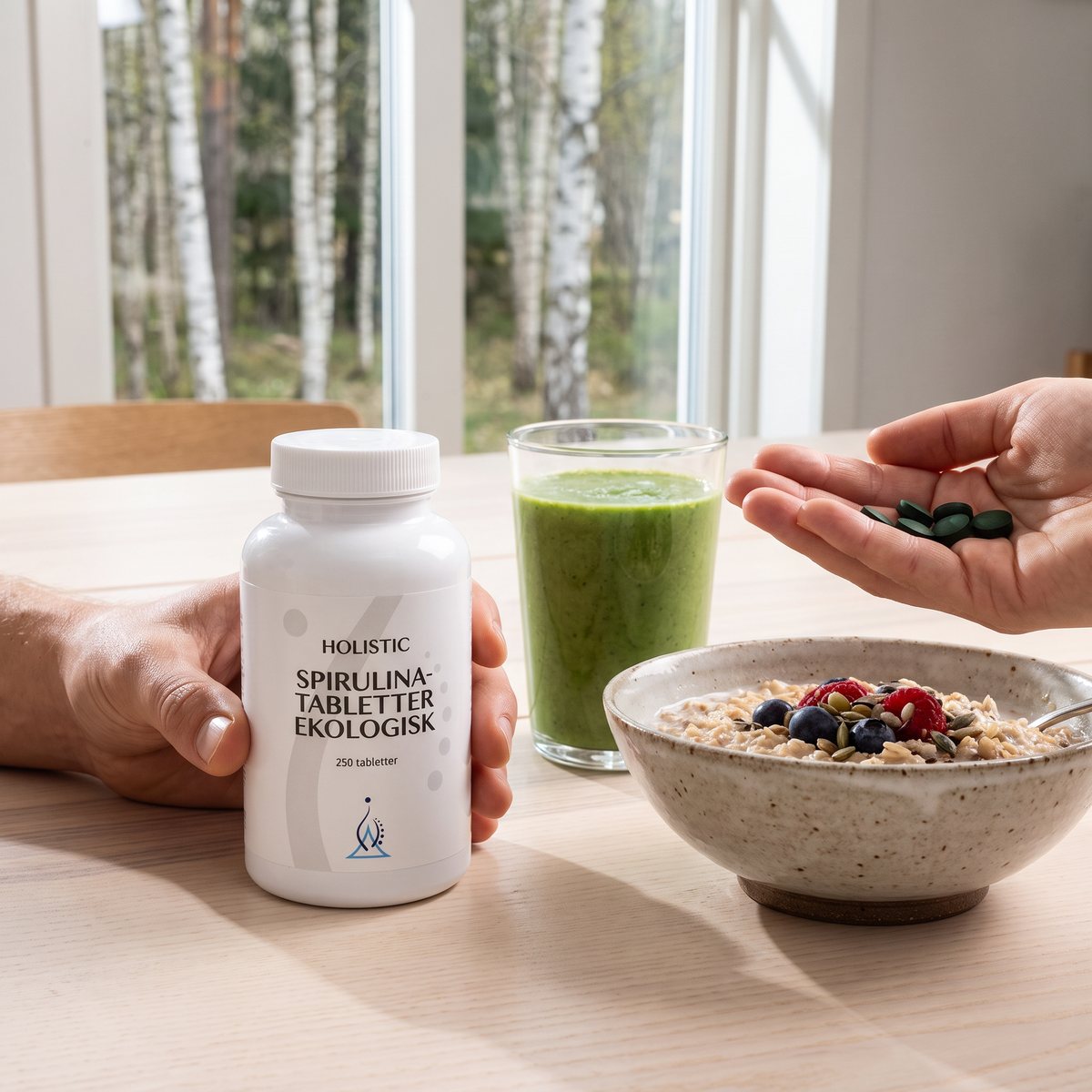 Burk med Holistic Spirulinatabletter Eko på ett frukostbord i ett svenskt hem