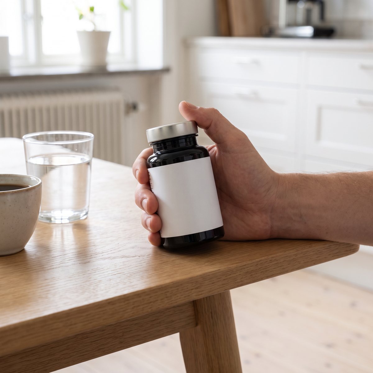 Svart glasburk med silverlock, Astaxin, på ett ljust köksbord med vattenglas och kaffekopp i ett svenskt kök