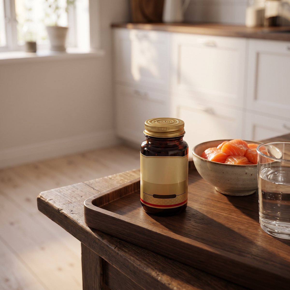 Brun glasburk med guldlock, Solgar Astaxanthin, på en bricka på ett köksbord i ett svenskt kök