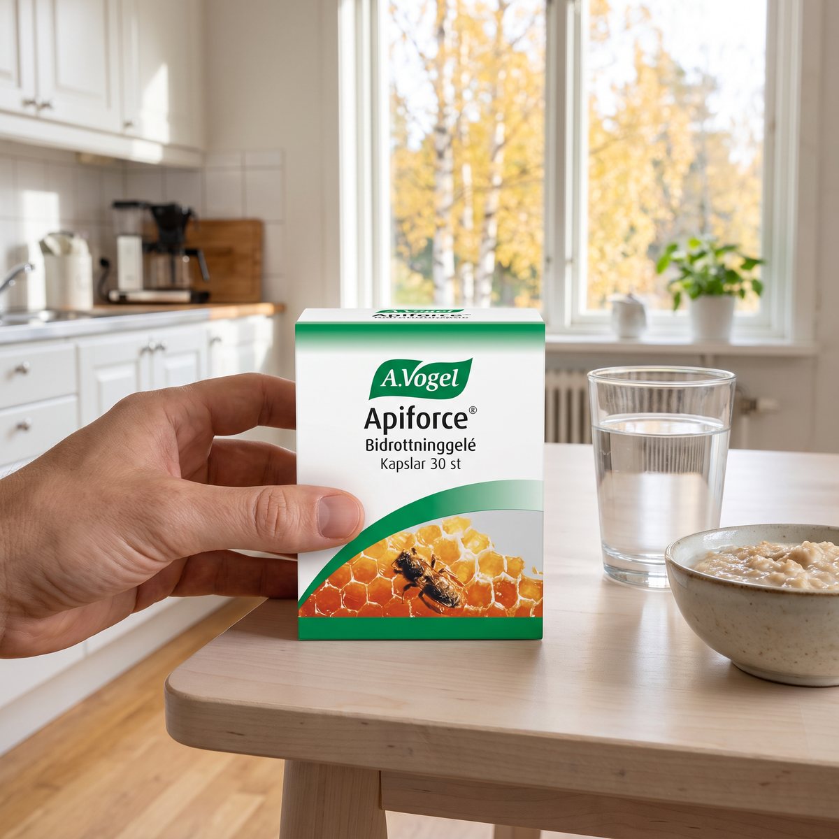 A. Vogel Apiforce bidrottninggeléförpackning i handen vid ett frukostbord i ett svenskt kök med björkar utanför fönstret