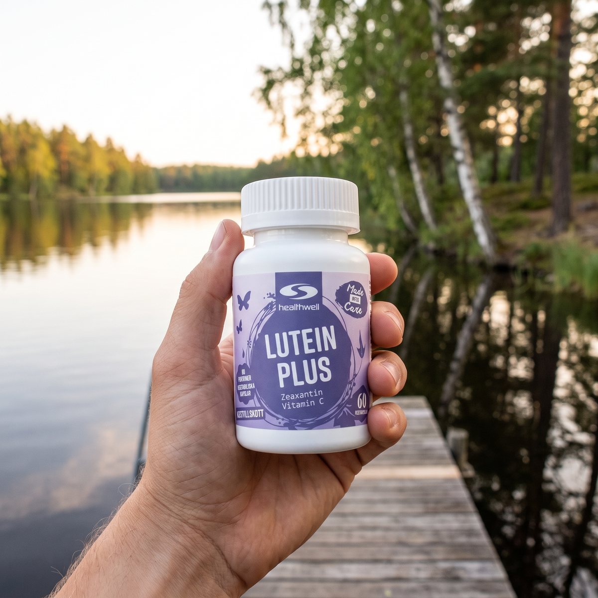Hand som håller en burk Healthwell Lutein 50 Plus på en brygga vid en svensk skogssjö