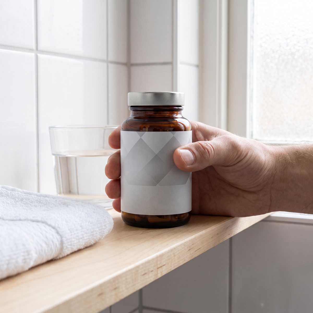 Brun glasburk med Elit Nutrition Prostata på en hylla i ett svenskt badrum, hållen i handen