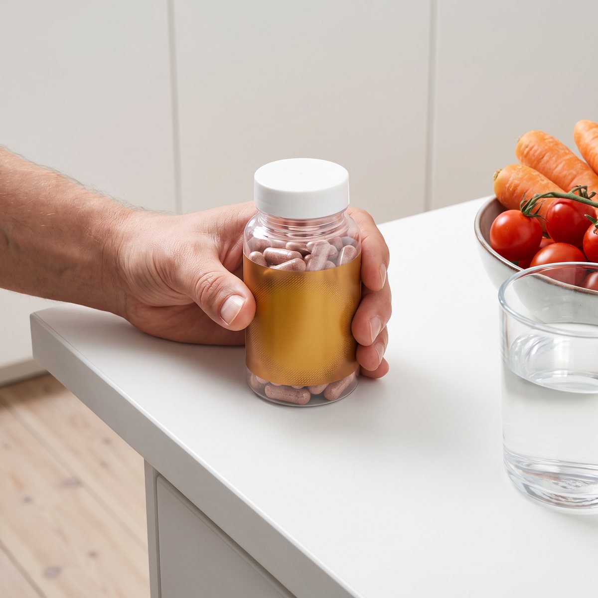 Genomskinlig burk med Hjärtats Solbrun på en vit köksbänk i ett svenskt hem, hållen i handen