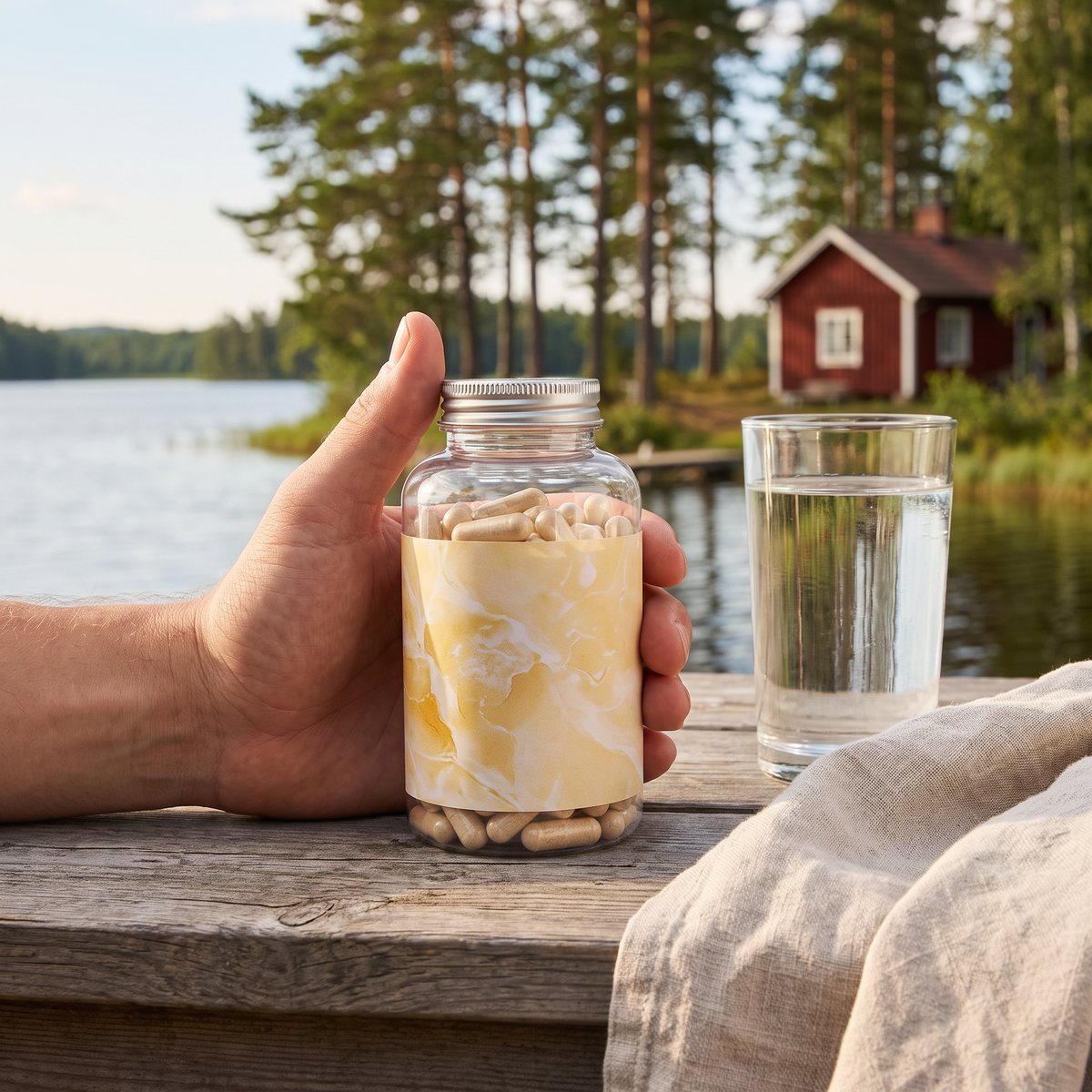 Burk med Protein.se Brun utan sol på ett bord vid en svensk insjö med tallar och rött stuga i bakgrunden