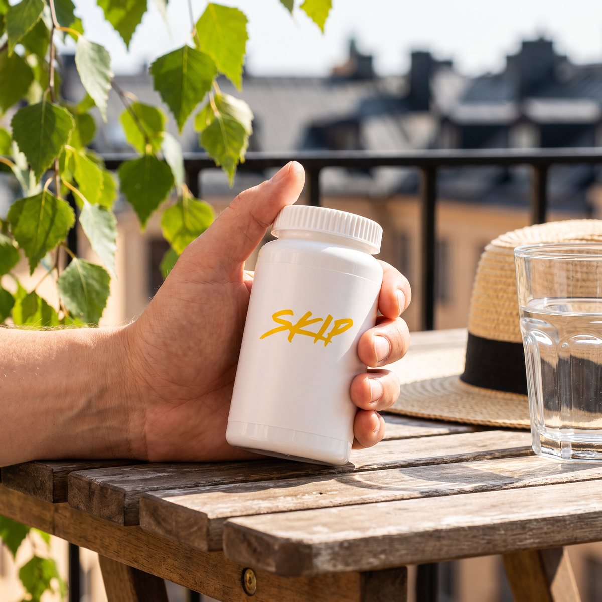 Vit burk med Skip Skin Sun på ett balkongbord i en svensk stad en sommardag, hållen i handen