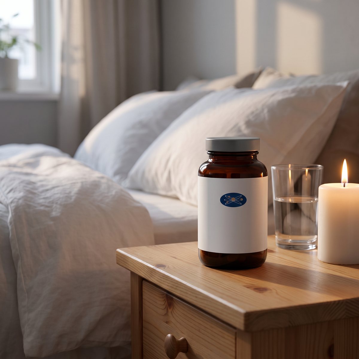 BioCare Quercetin Komplex i brun glasburk på ett sängbord i ett svenskt sovrum