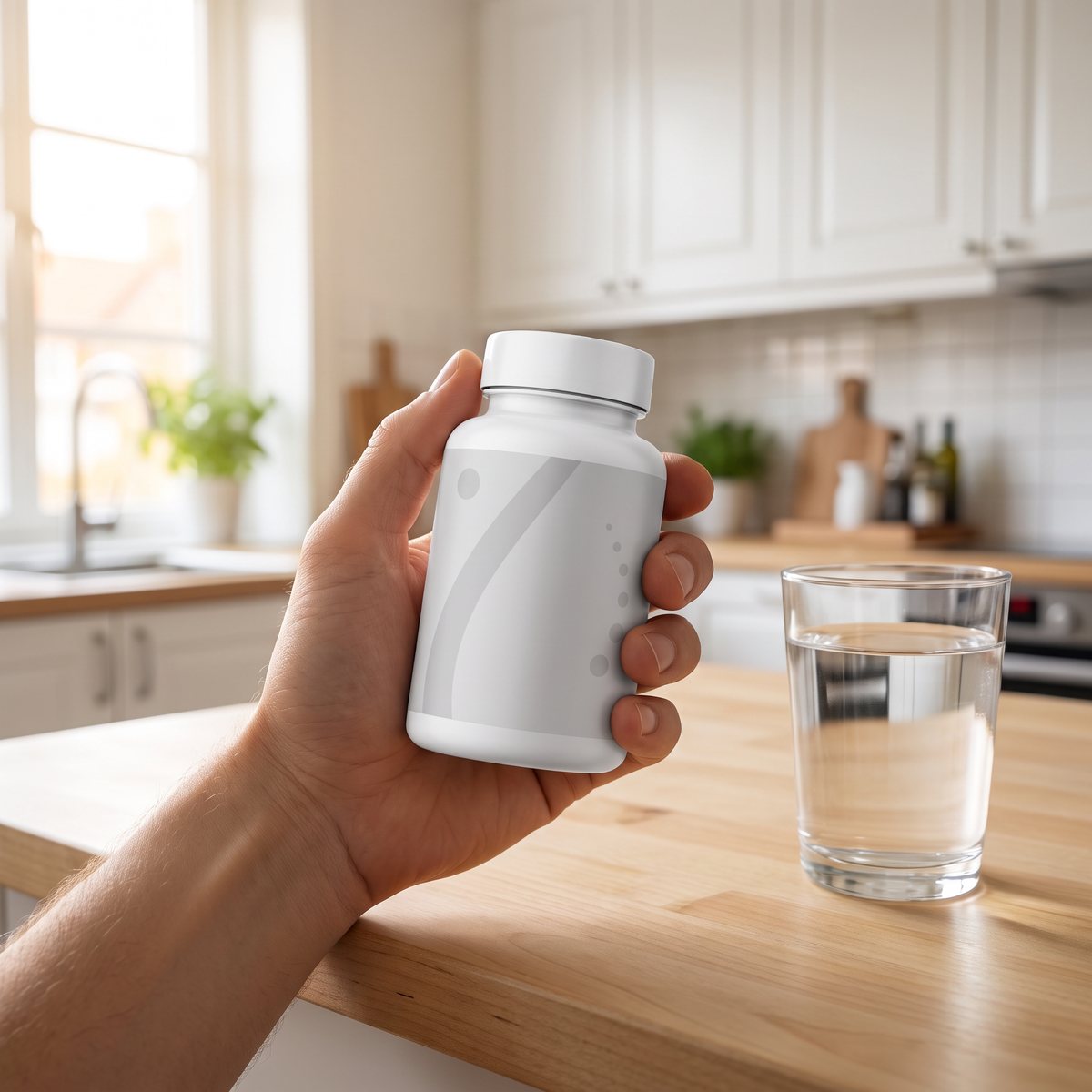 Holistic Quercetin Fytosom hållen i handen ovanför ett björkträbord i ett svenskt kök, med ett glas vatten bredvid