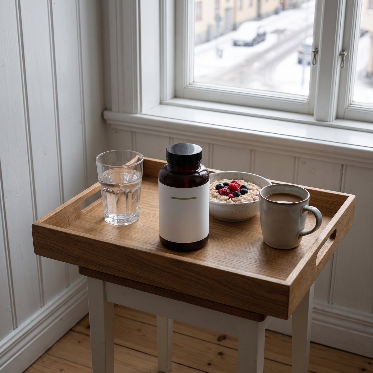 Närokällan Quercetin & Bromelain i brun glasburk på frukostbricka i en svensk lägenhet
