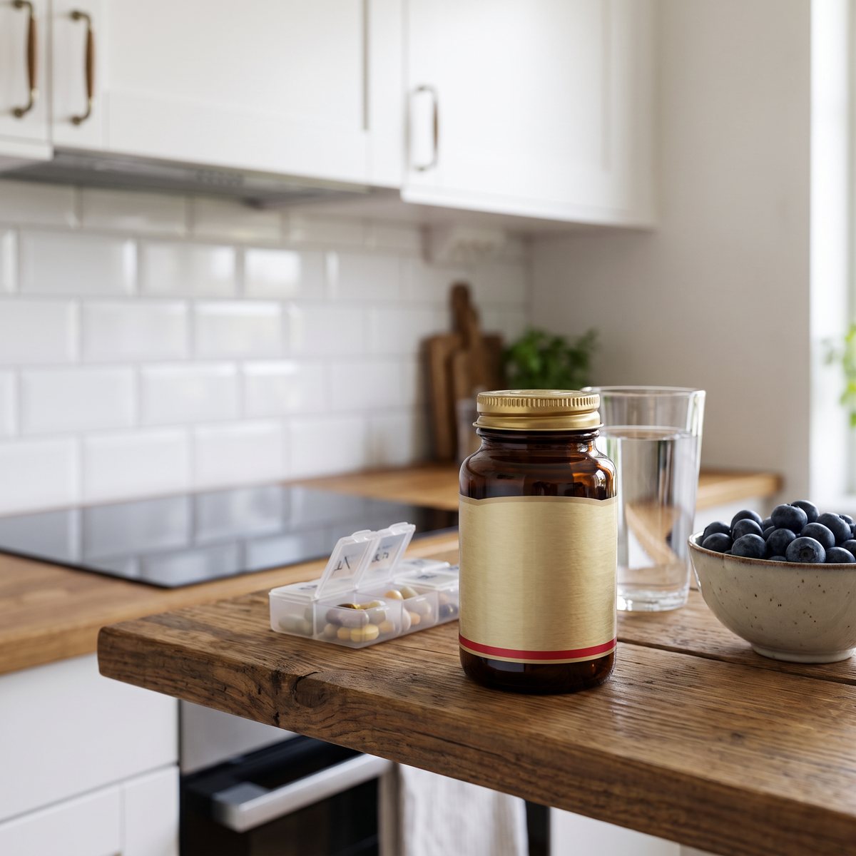 Solgar Quercetin Complex i brun glasburk med guldlock på en hylla i ett svenskt kök