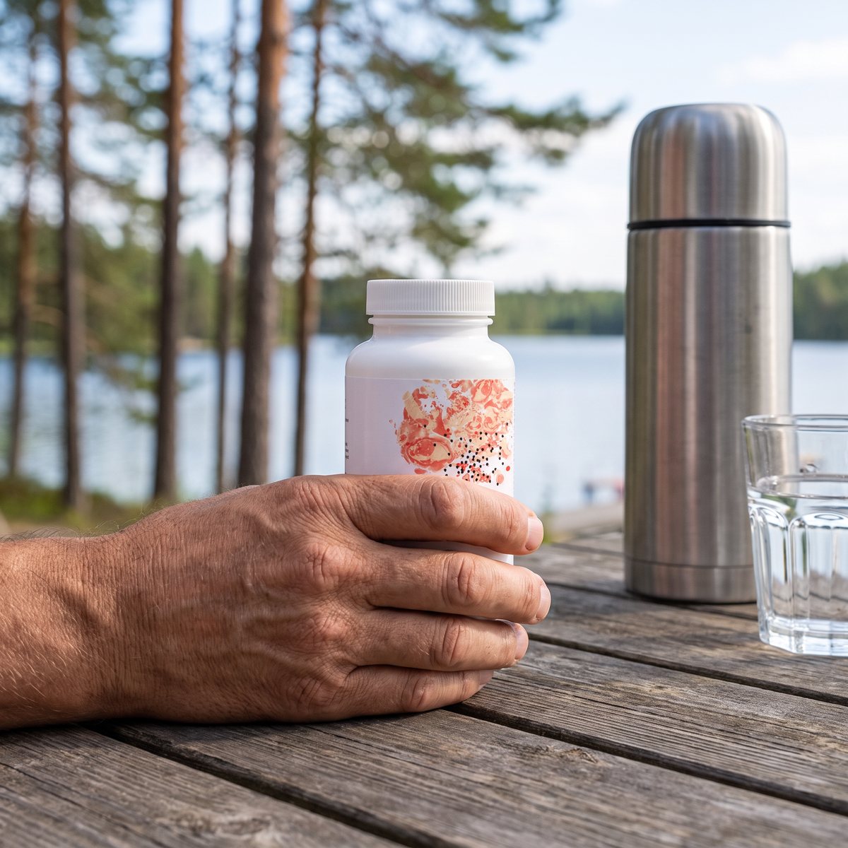 Thorne Quercetin Phytosome hållen i handen på en brygga vid en svensk sjö med tallar