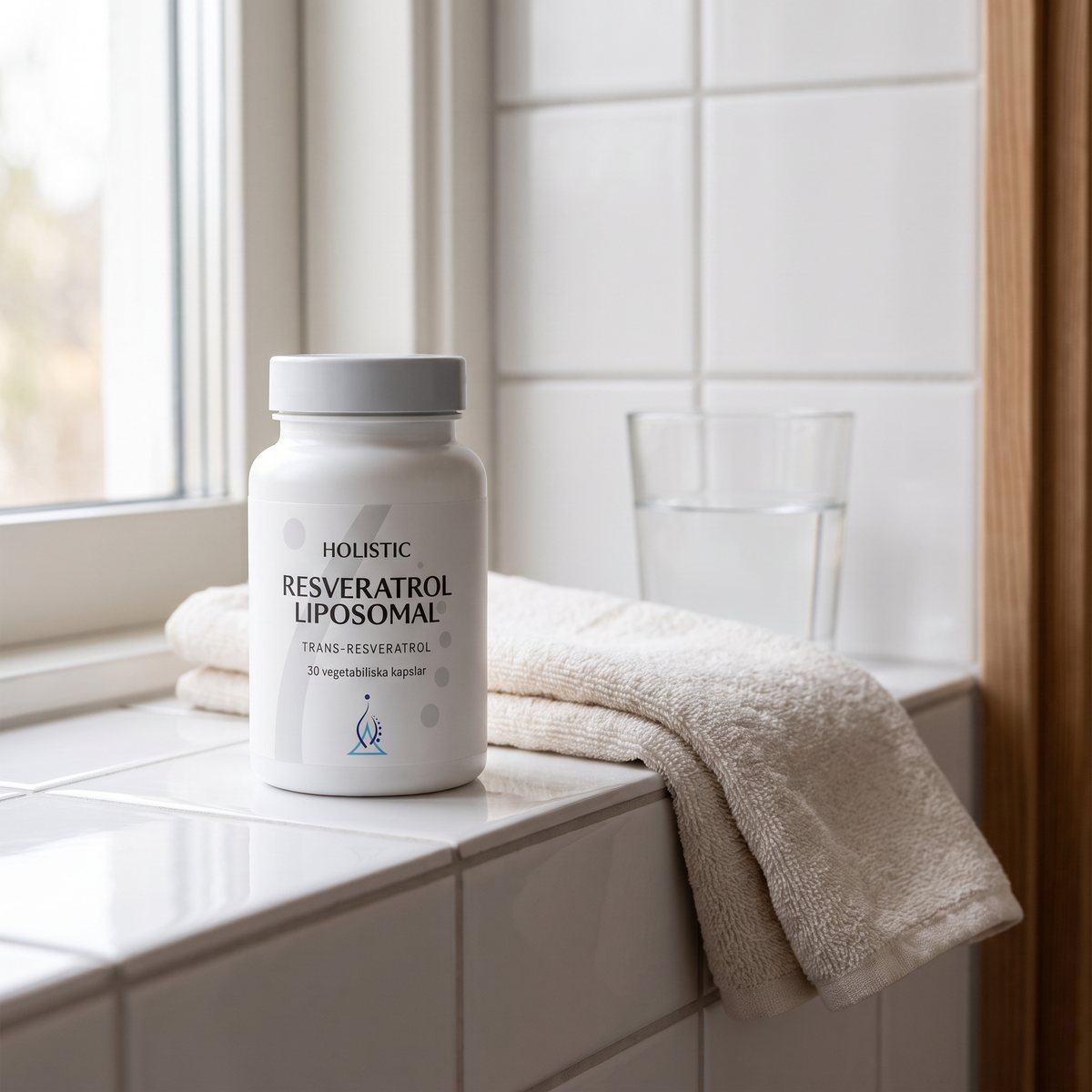 Holistic Resveratrol Liposomal på en badrumshylla i ett svenskt hem