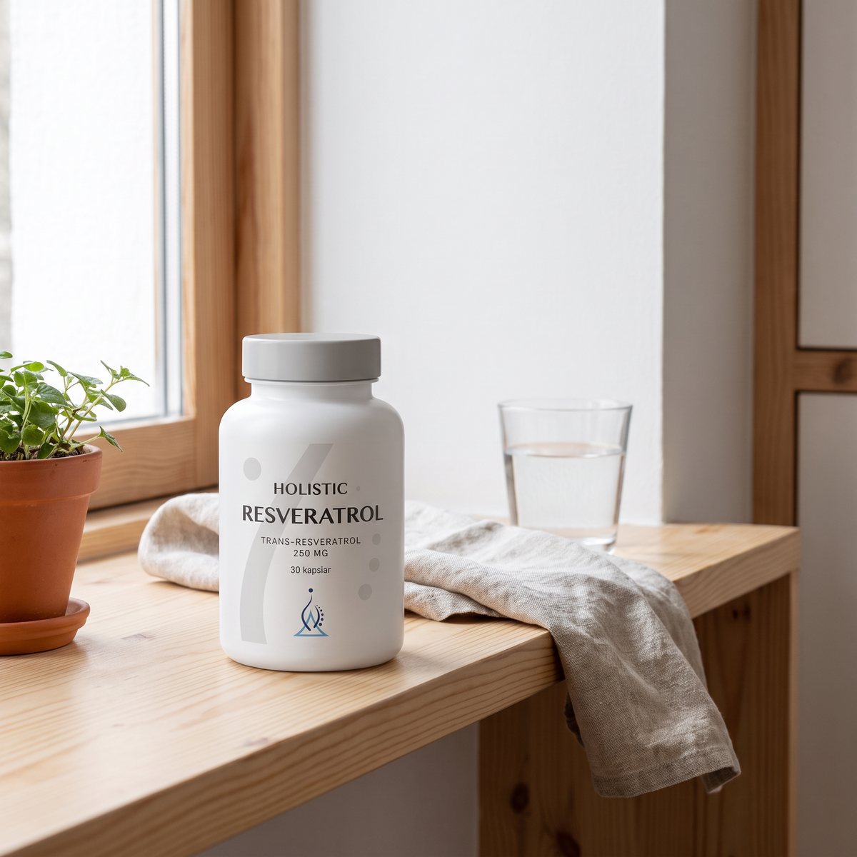 Holistic Resveratrol på en hylla i ett svenskt hem