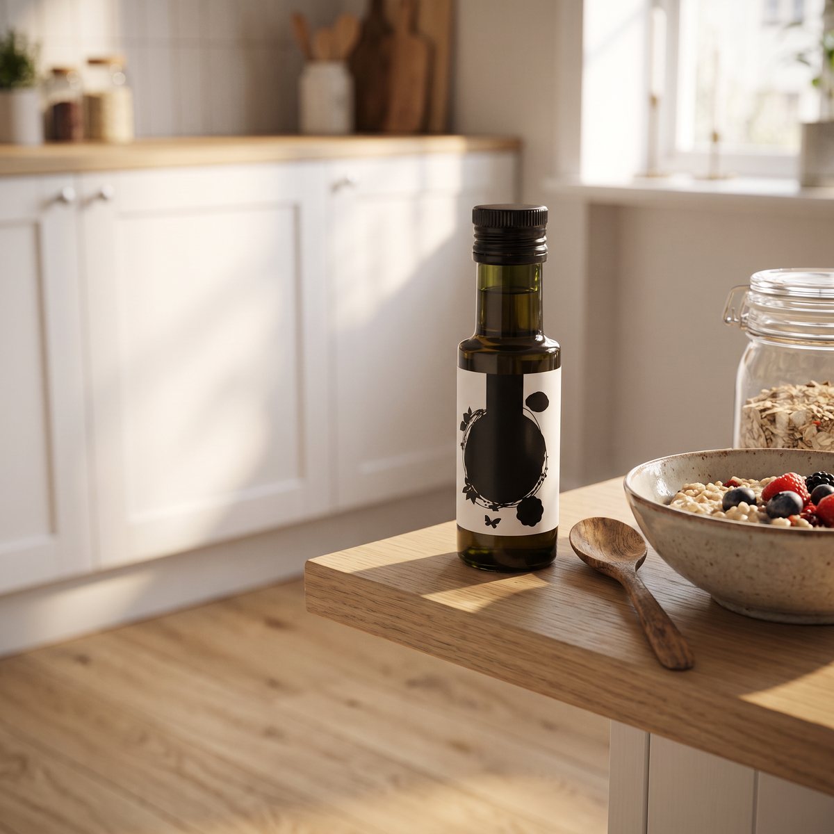 Flaska svartkumminolja i mörkt glas på ett träbord i ett svenskt kök bredvid en skål gröt och en träsked