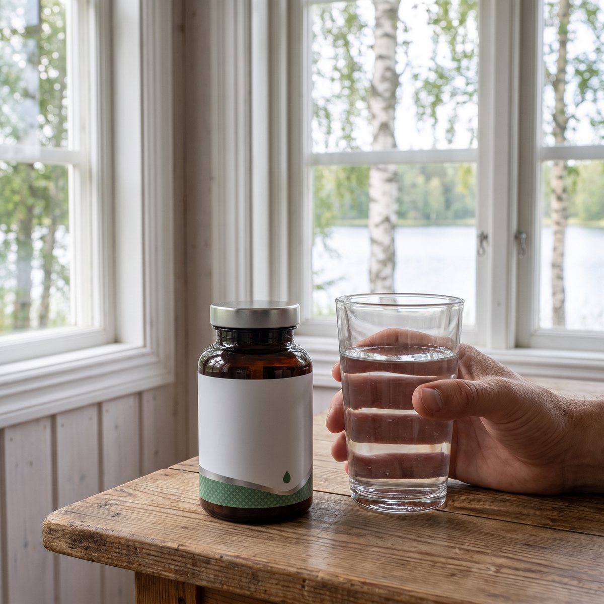 Brun kapselburk med silverlock på ett träbord i ett svenskt hem, en hand håller ett glas vatten, björkar och sjö utanför fönstret