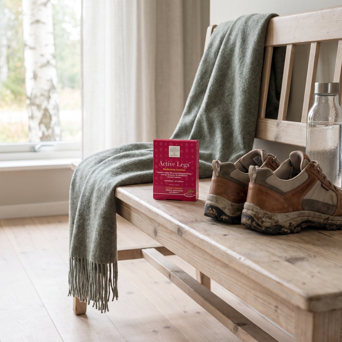 New Nordic Active Legs-förpackning på en hallbänk i ett svenskt hem efter en promenad