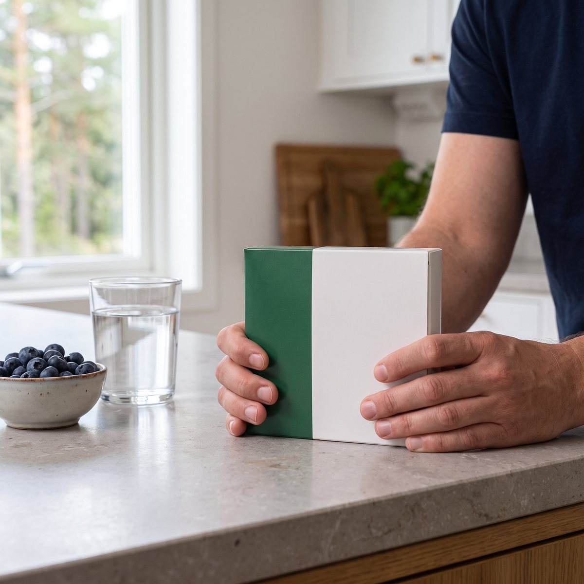 Biosan Pycnogenol-förpackning på en köksbänk i ett svenskt hem, med vattenglas och blåbär