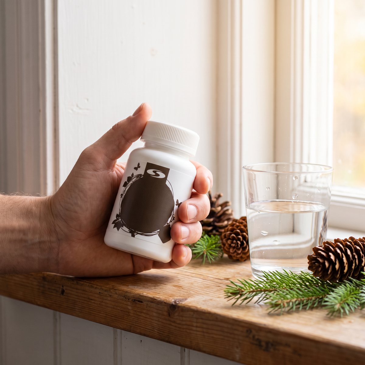 Healthwell Tallbarksextrakt-burk i handen i ett svenskt kök med kottar och granris i fönstret