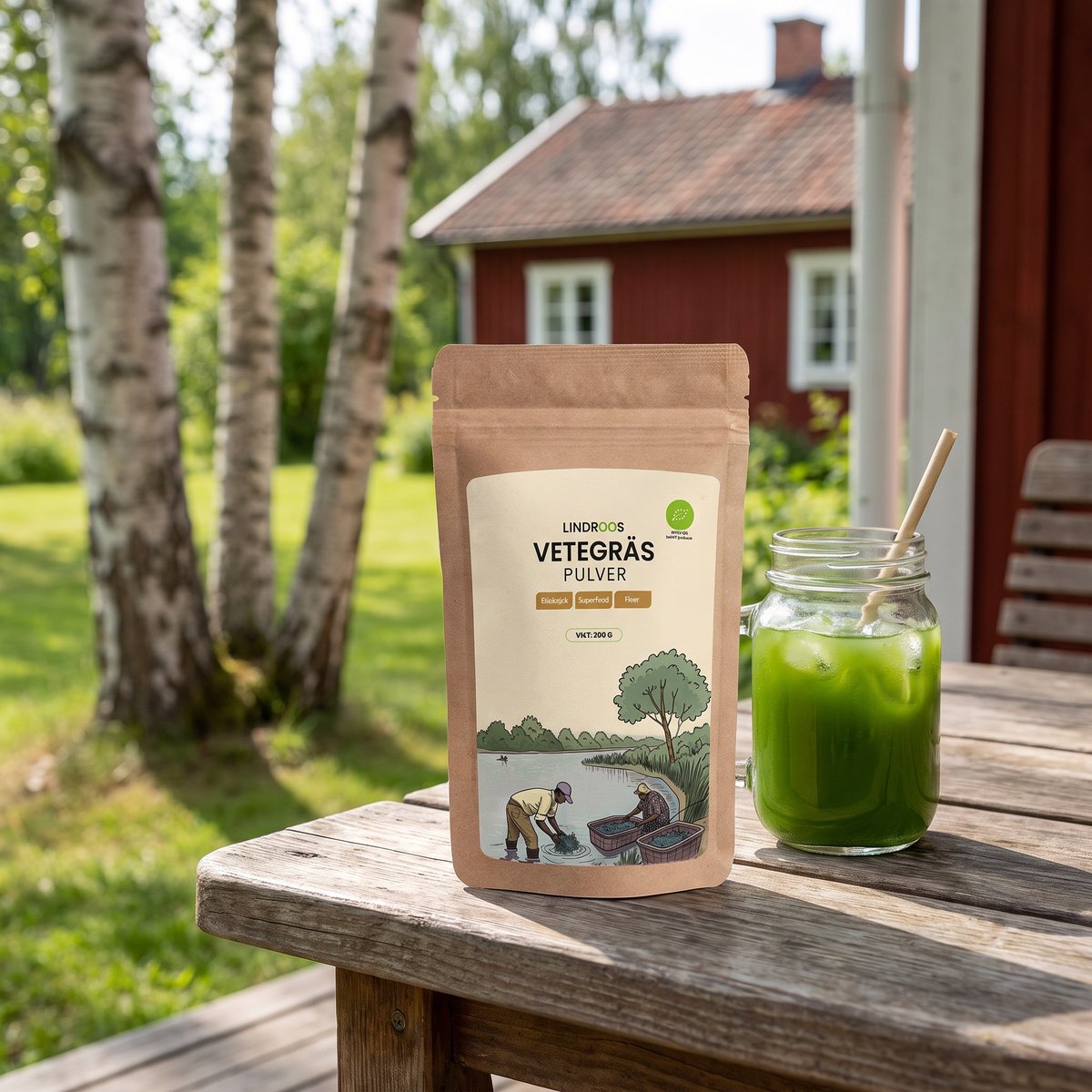 Lindroos vetegräspåse på ett träbord vid en röd stuga med björkar, bredvid en burk grön vetegrässdrink