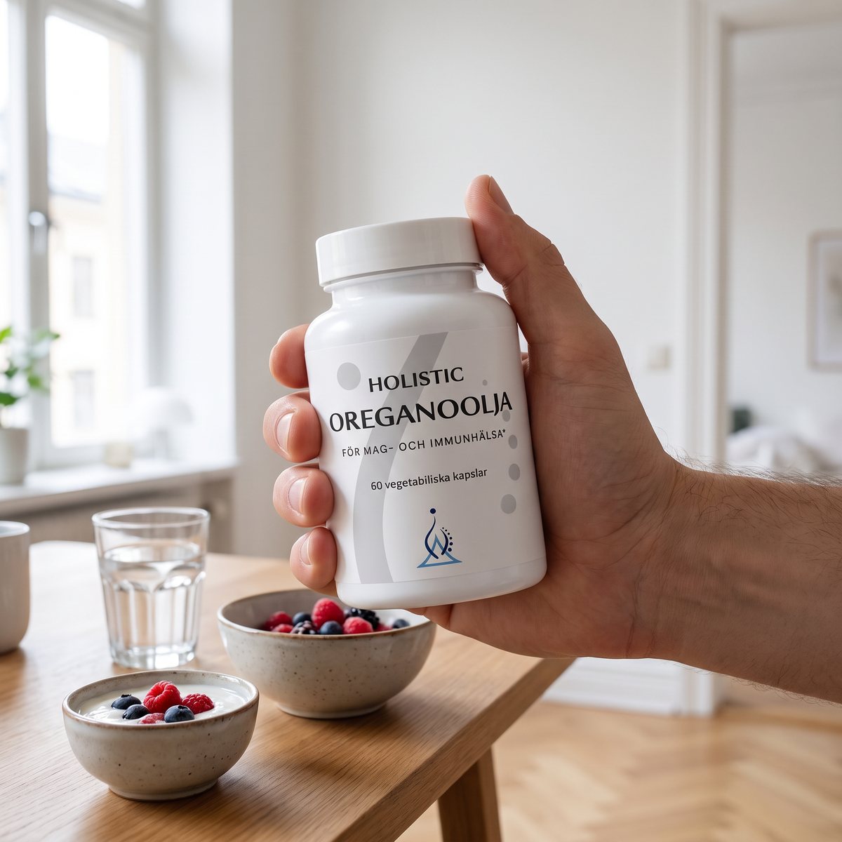 Hand som håller Holistic Oreganoolja över ett frukostbord i en ljus svensk lägenhet