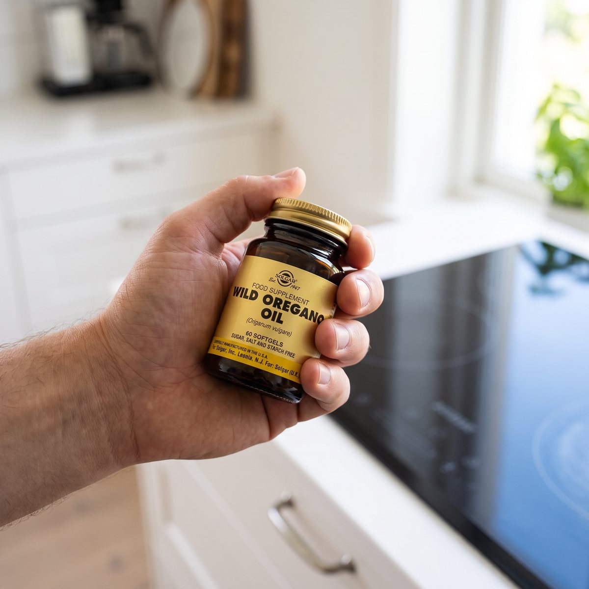 Hand som håller Solgar Wild Oregano Oil i ett svenskt kök med induktionshäll