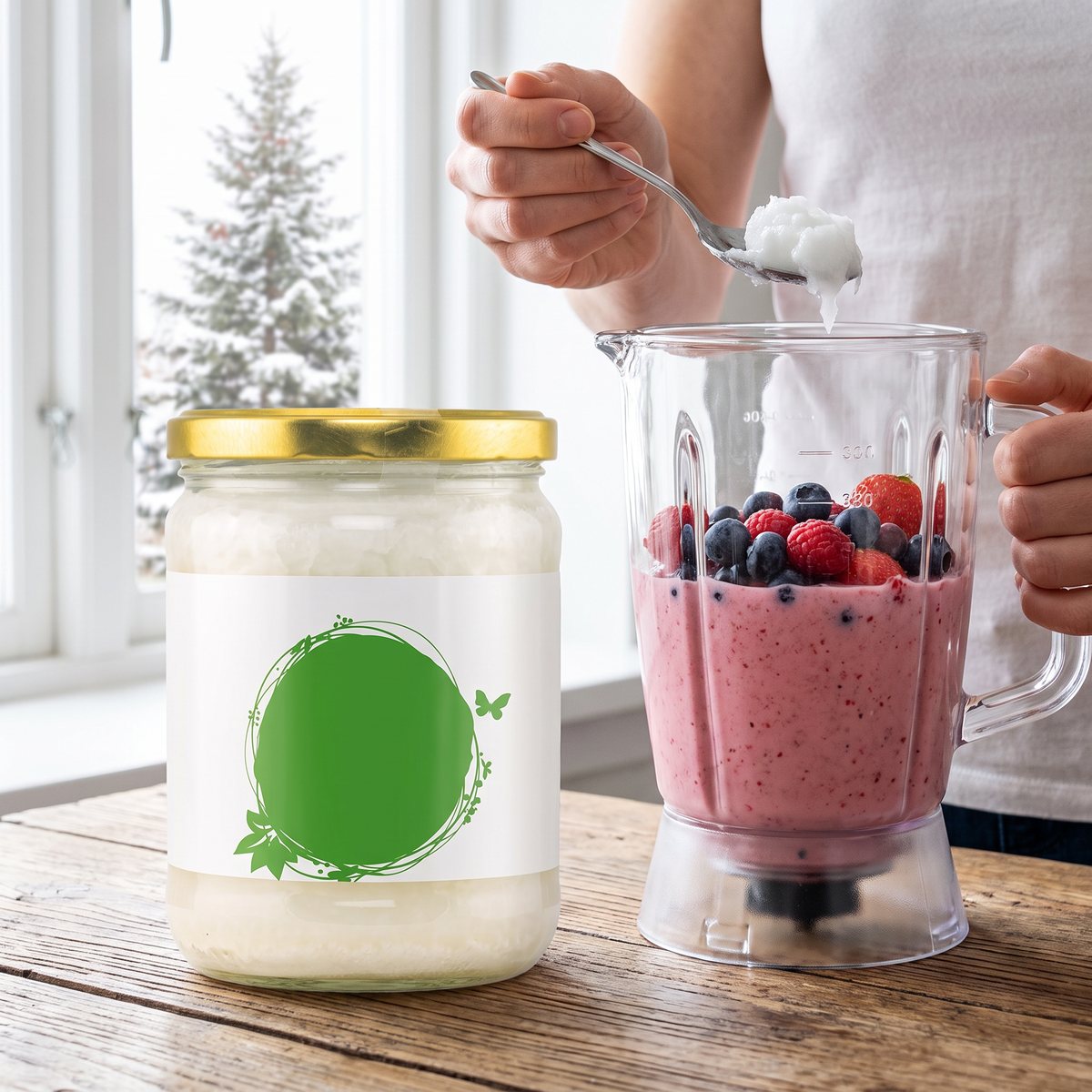 Glasburk med kokosolja bredvid en mixer med bärsmoothie på ett träbord i ett svenskt kök.