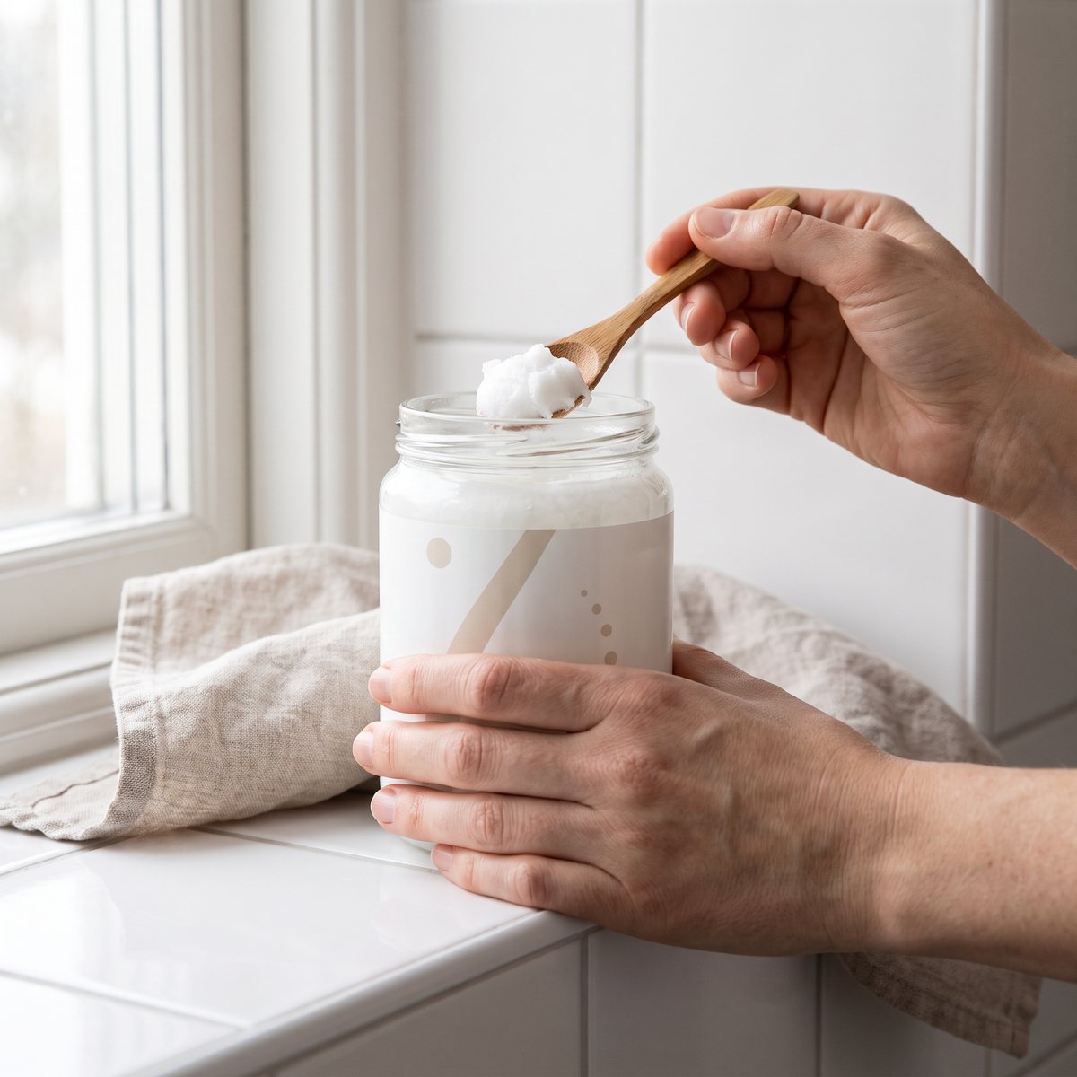 Glasburk med kokosolja på en vit kakelhylla i ett svenskt badrum, en hand tar upp olja med en träsked.