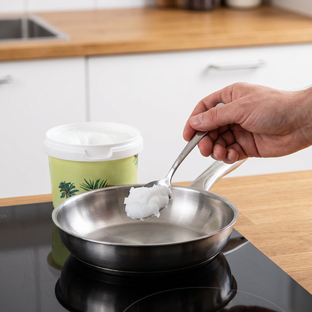 Burk med ekologisk raw kokosolja som skeds upp i en stekpanna på en induktionshäll i ett svenskt kök.