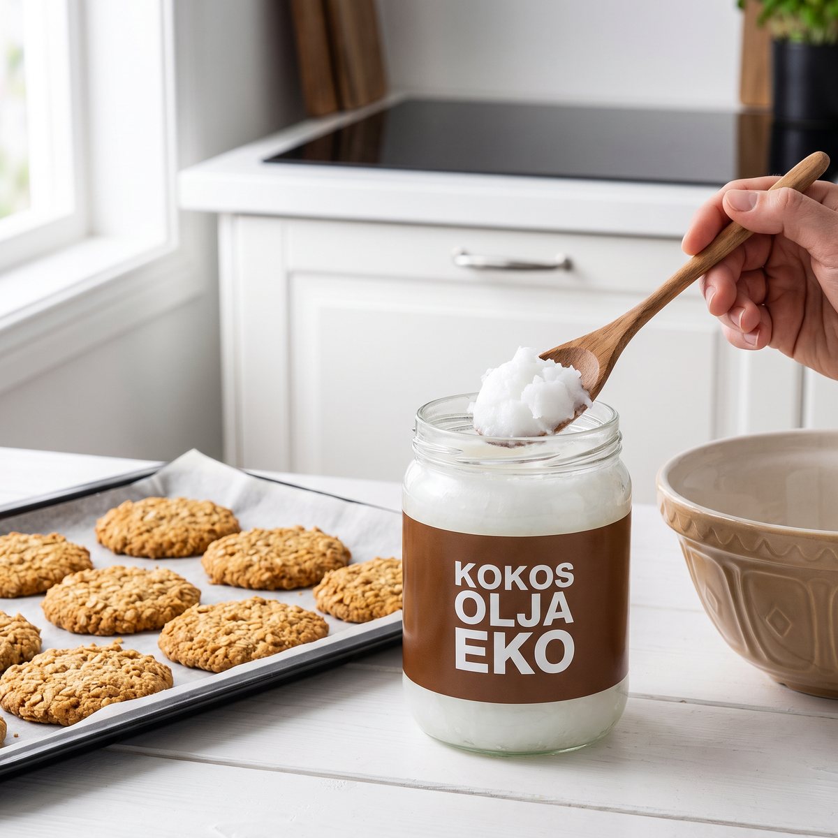 Glasburk med kokosolja bredvid en plåt havrekakor i ett svenskt kök, olja på sked ned i bakskålen.
