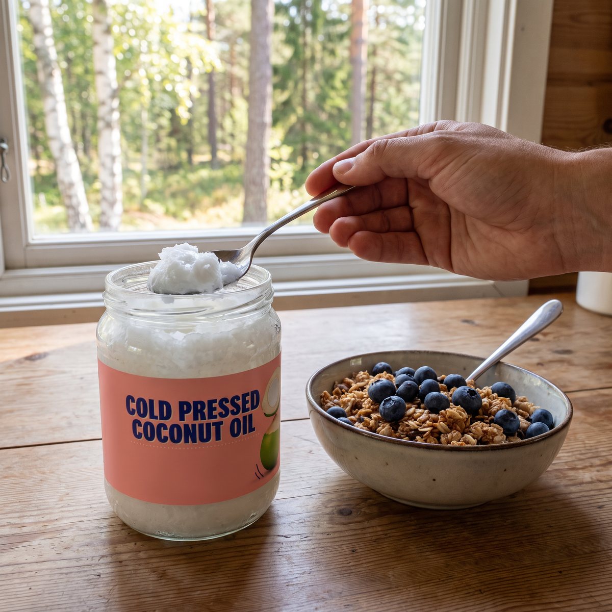 Burk med kallpressad kokosolja på ett bord i en svensk stuga, bredvid blåbär och granola