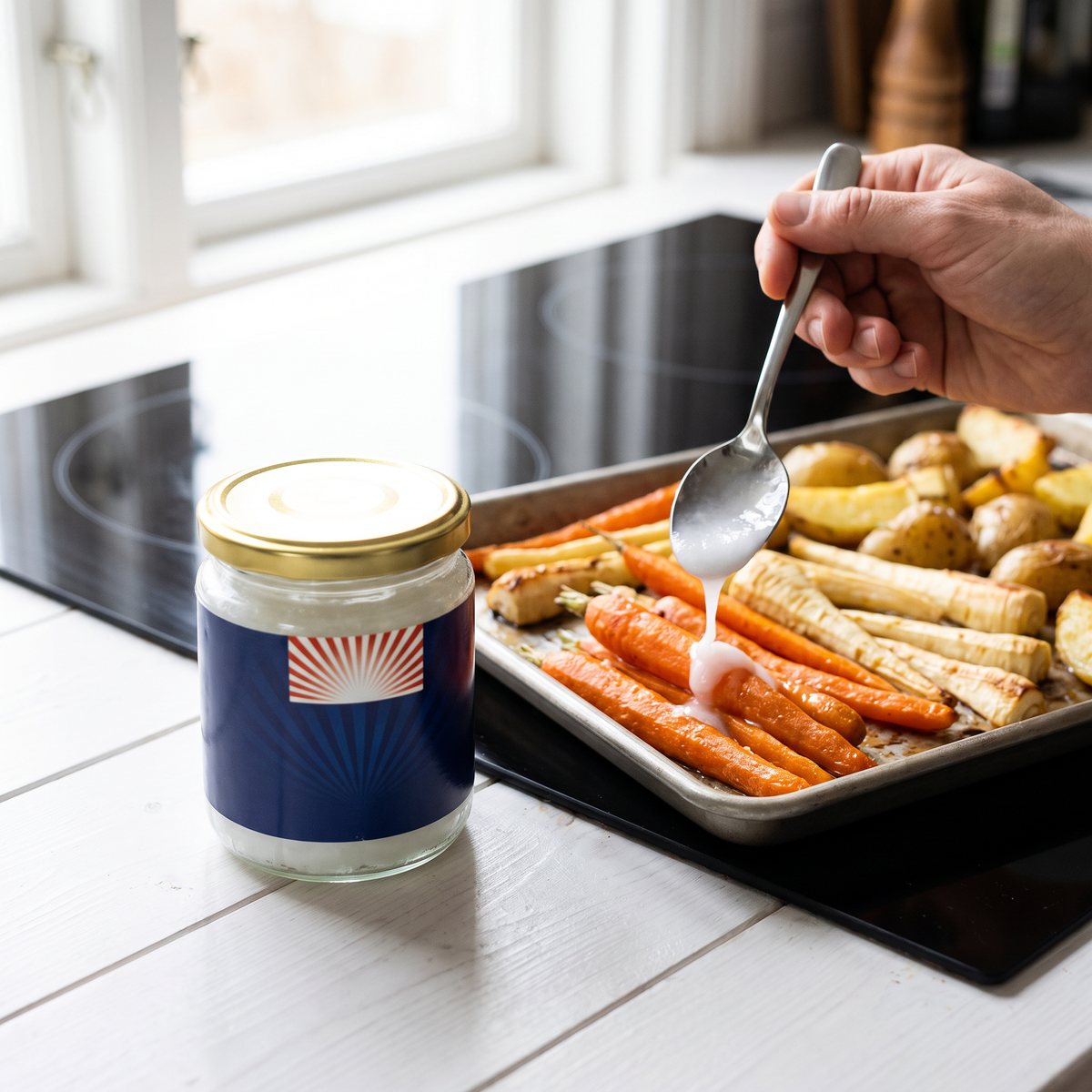 Liten burk med neutral kokosolja i ett svenskt kök bredvid en plåt med rotsaker