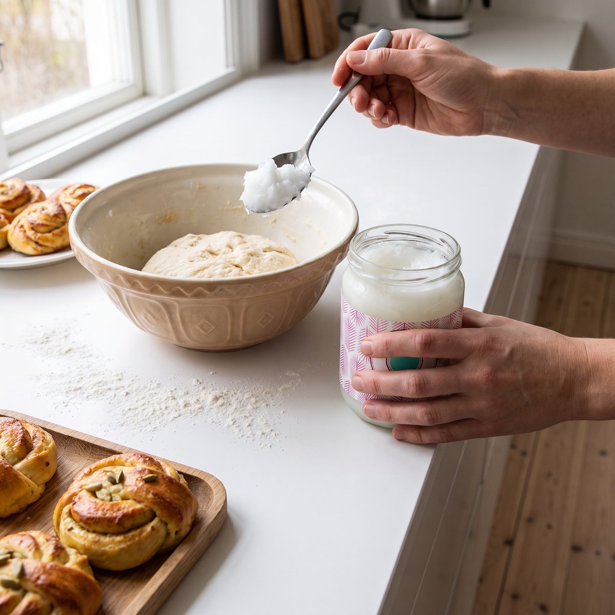 Burk med neutral kokosolja på en vit bänk i ett svenskt hem bredvid bakning av kardemummabullar