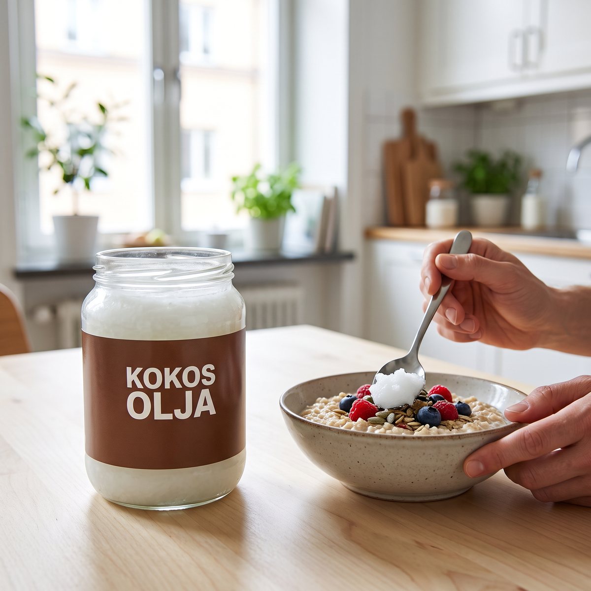 Burk med kallpressad kokosolja på ett träbord i ett svenskt kök, en sked rörs ner i gröt