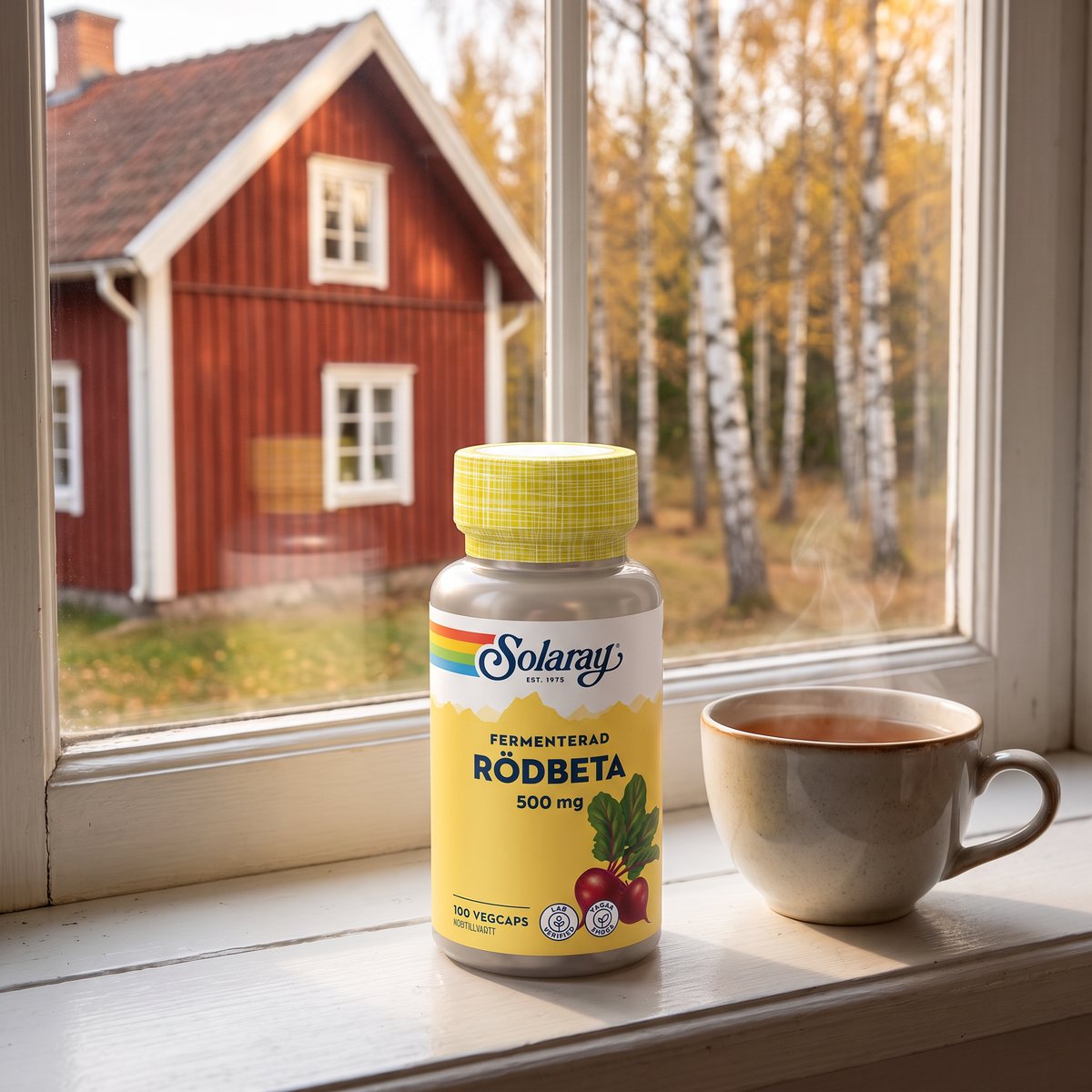 Burk med Solaray Fermenterad Rödbeta på ett fönsterbröd i en svensk stuga