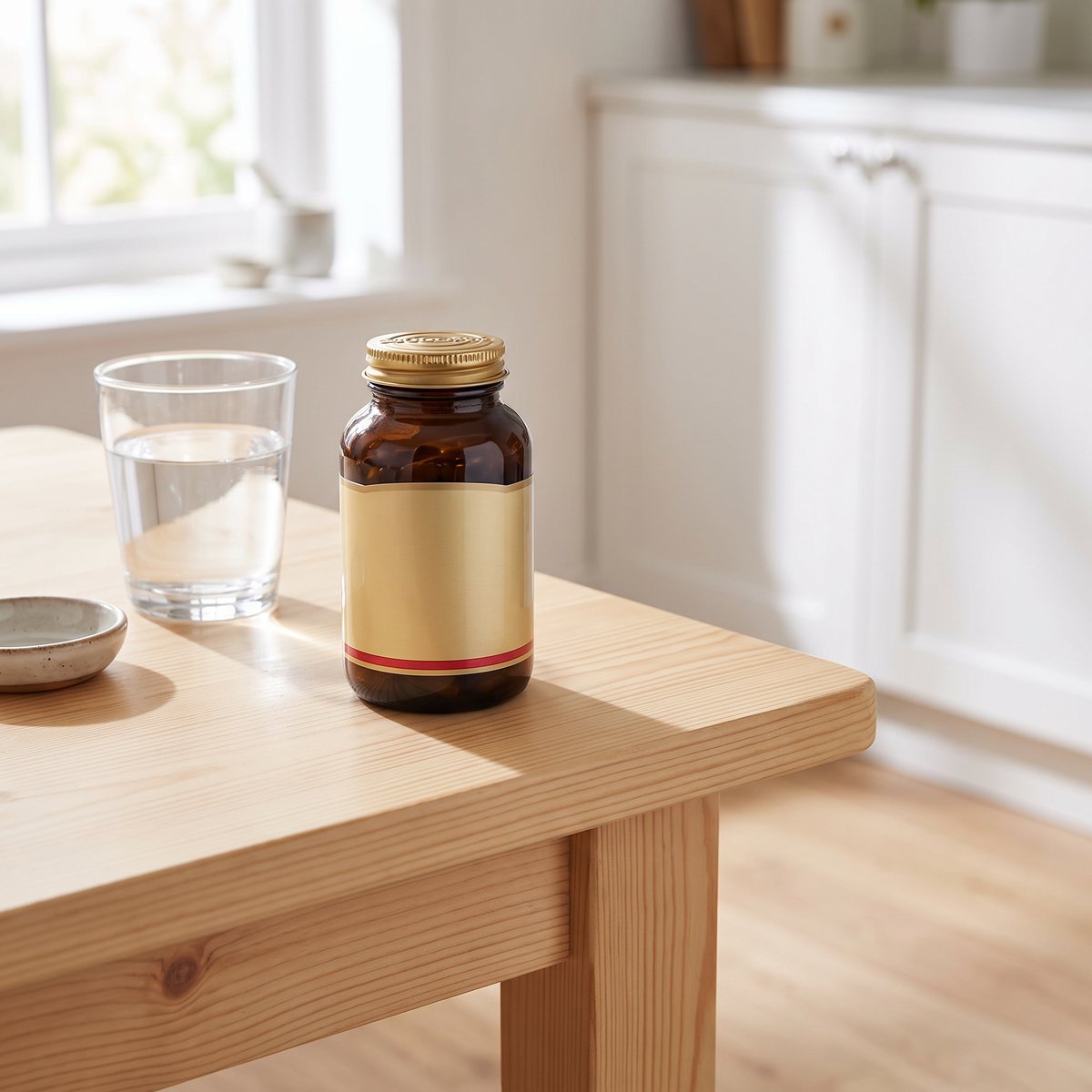 Brun glasburk med Solgar Beetroot Extract på ett furubord i ett svenskt kök