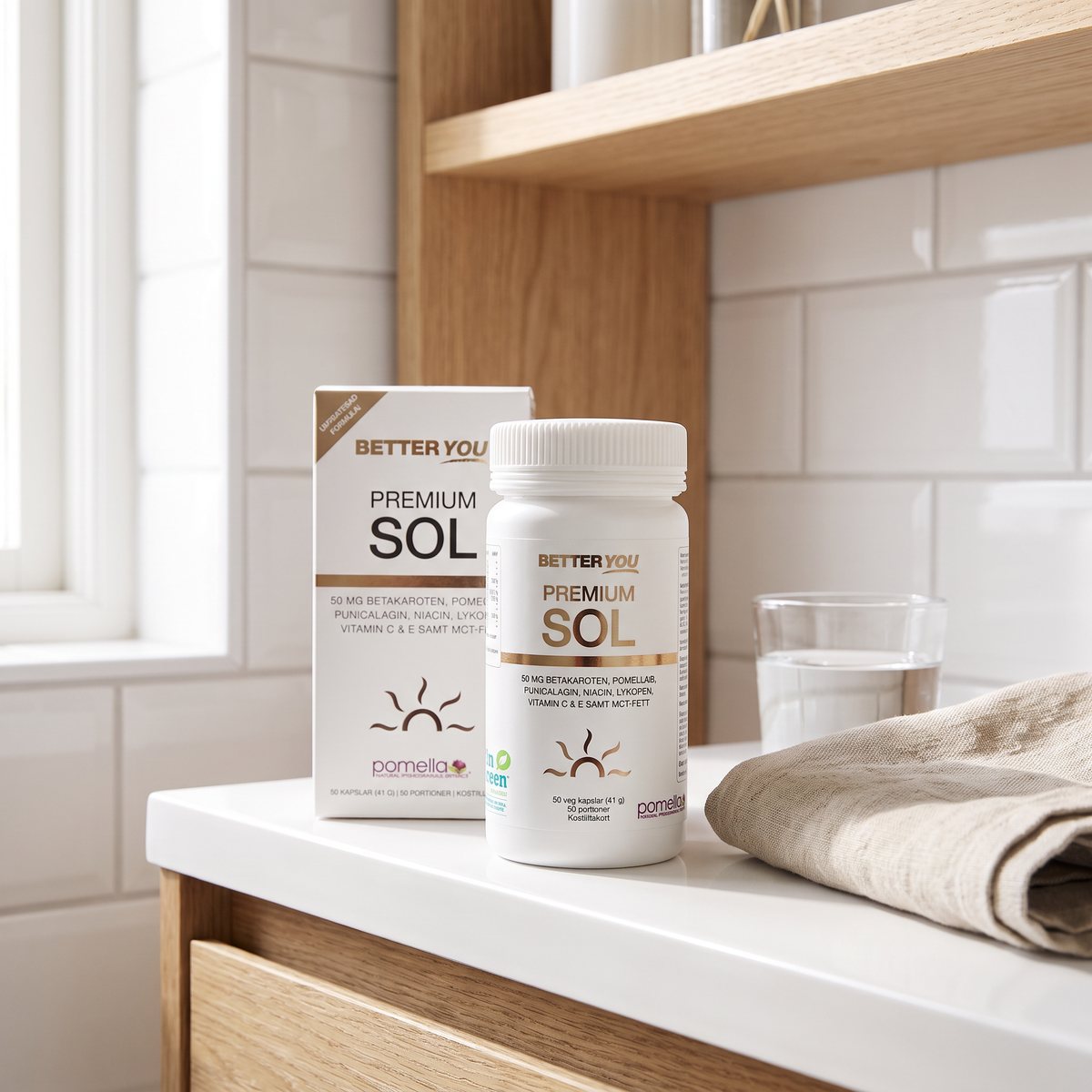 Better You Premium Sol med ask på en vit badrumshylla i ett ljust svenskt hem