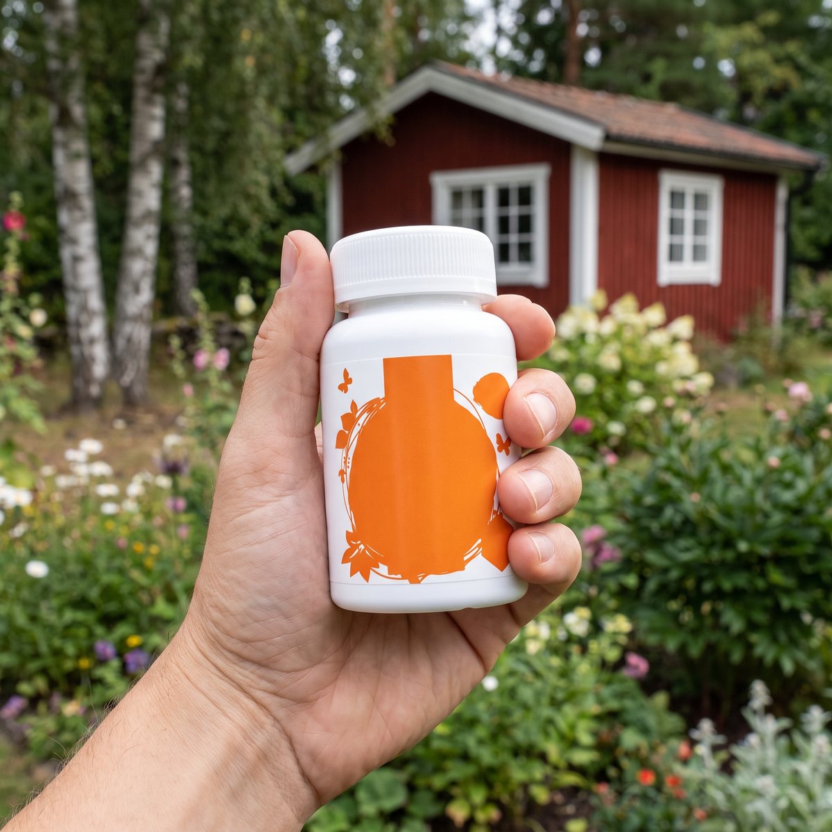 Vit burk med Healthwell Betakaroten 100 hålls i handen framför en svensk trädgård med rött torp och björkar