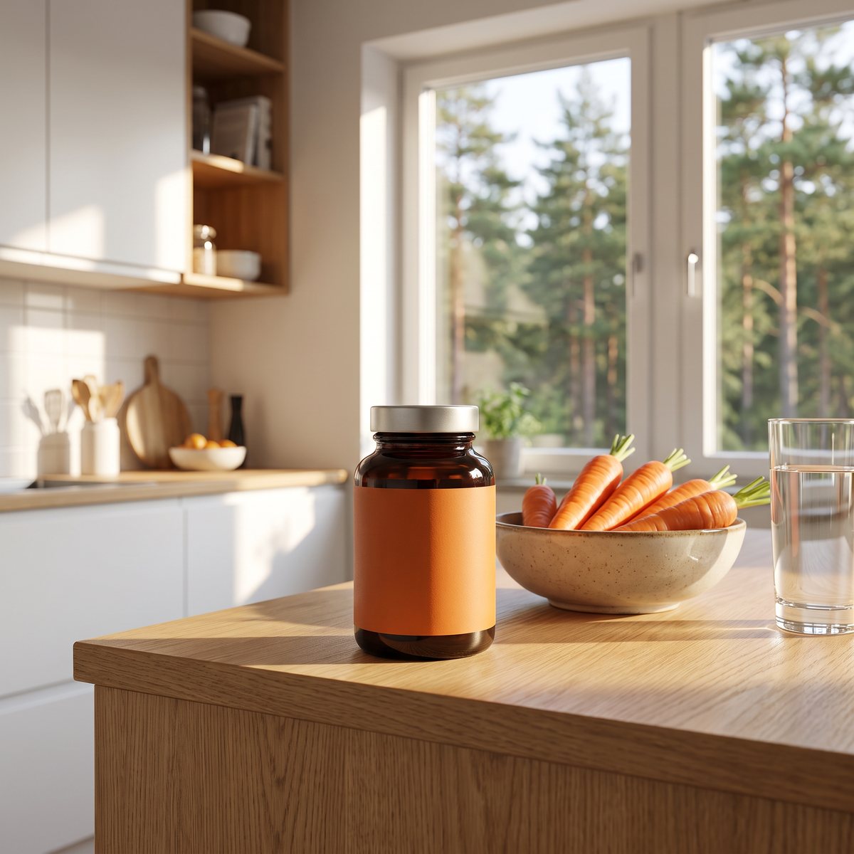 Brun glasburk med Nordbo Double Sun på en köksbänk i ett ljust svenskt kök med tallar utanför fönstret