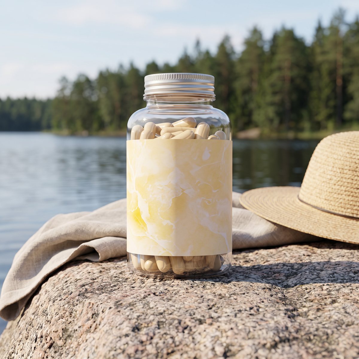 Burk med Protein.se Brun Utan Sol på en granithäll vid en svensk sjö omgiven av tallskog
