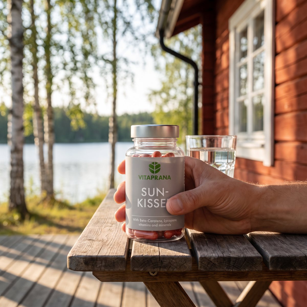 Burk med Vitaprana Sunkissed hålls i handen på en solig brygga vid en svensk sjö med björkar