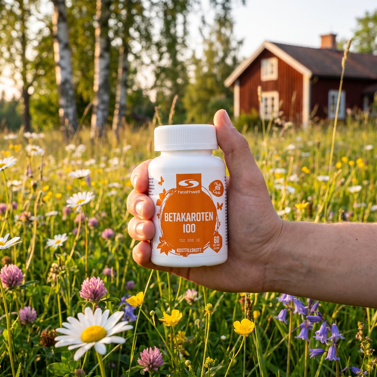 Hand som håller Healthwell Betakaroten 100 på en svensk sommaräng med björkar och rött torp