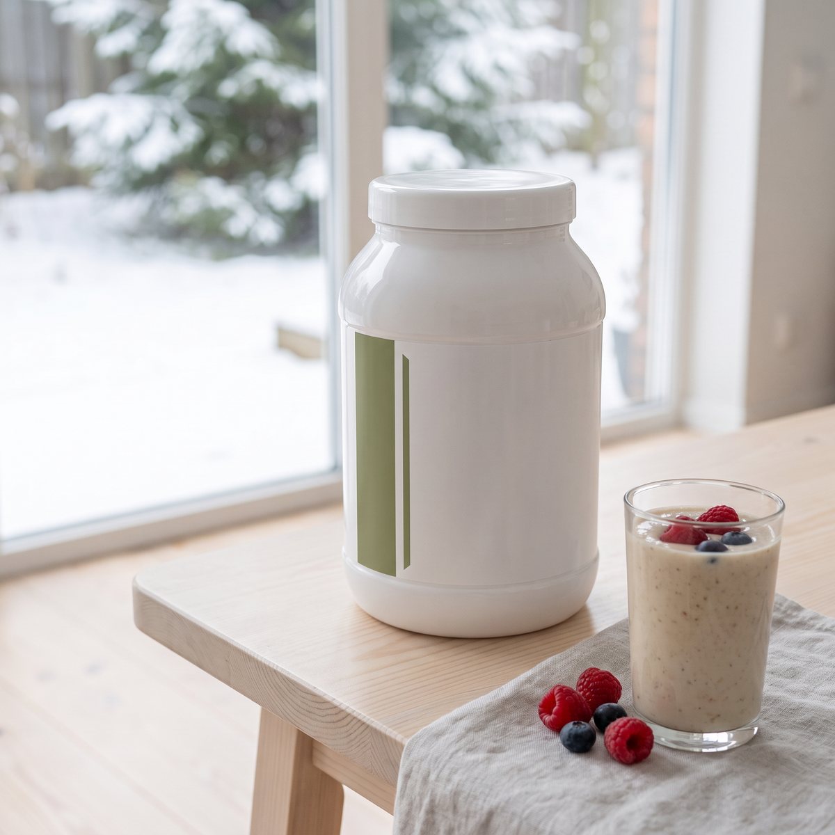 Elit Nutrition Vegan Protein, vit burk på ett skandinaviskt köksbord med smoothie och bär, snöig granskog utanför fönstret