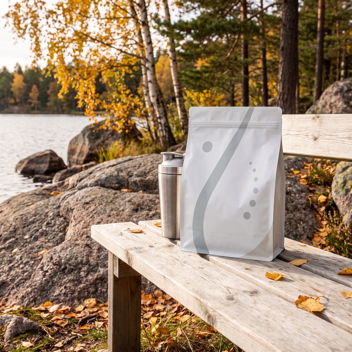 Holistic Vassleprotein Vanilj, vit och grå påse på en träbänk vid en svensk sjö på hösten med björk, tall och granit
