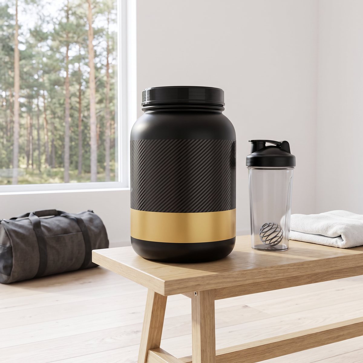 Optimum Nutrition Gold Standard 100% Isolate, svart burk med guldband, bredvid en shaker i ett svenskt hemmagym med tallar utanför fönstret