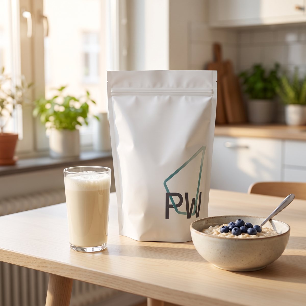 Puori PW1, vit påse med grön kontur, bredvid ett glas proteinshake och havregrynsgröt med blåbär på ett björkbord i ett svenskt kök