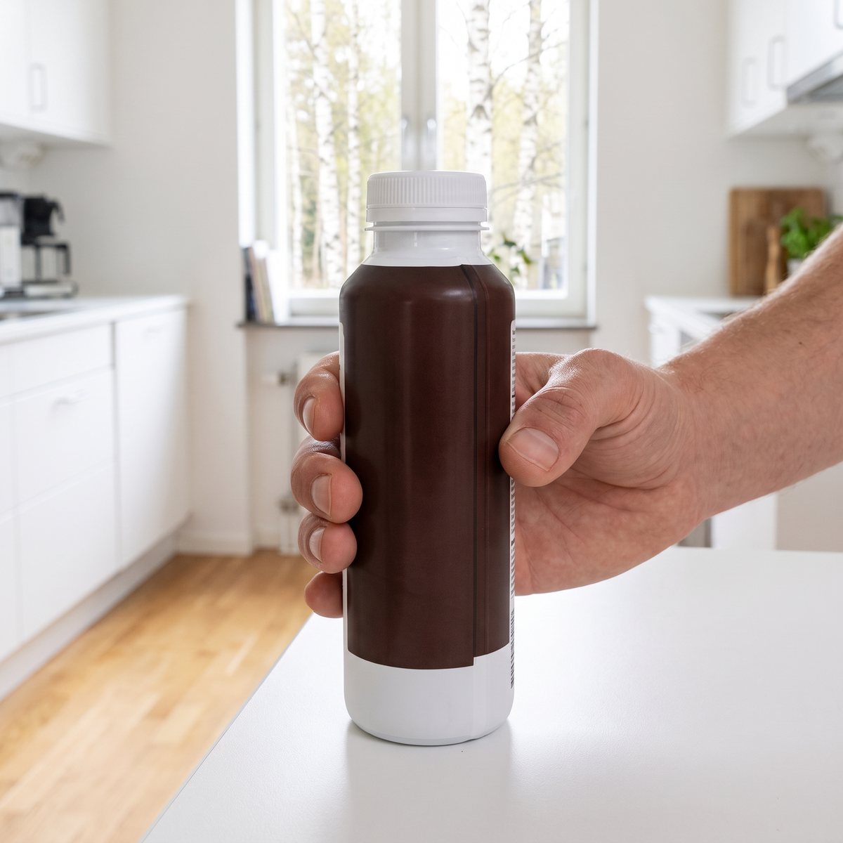 Flaska Huel Ready-to-drink Choklad i handen vid en bänk i ett ljust svenskt kök