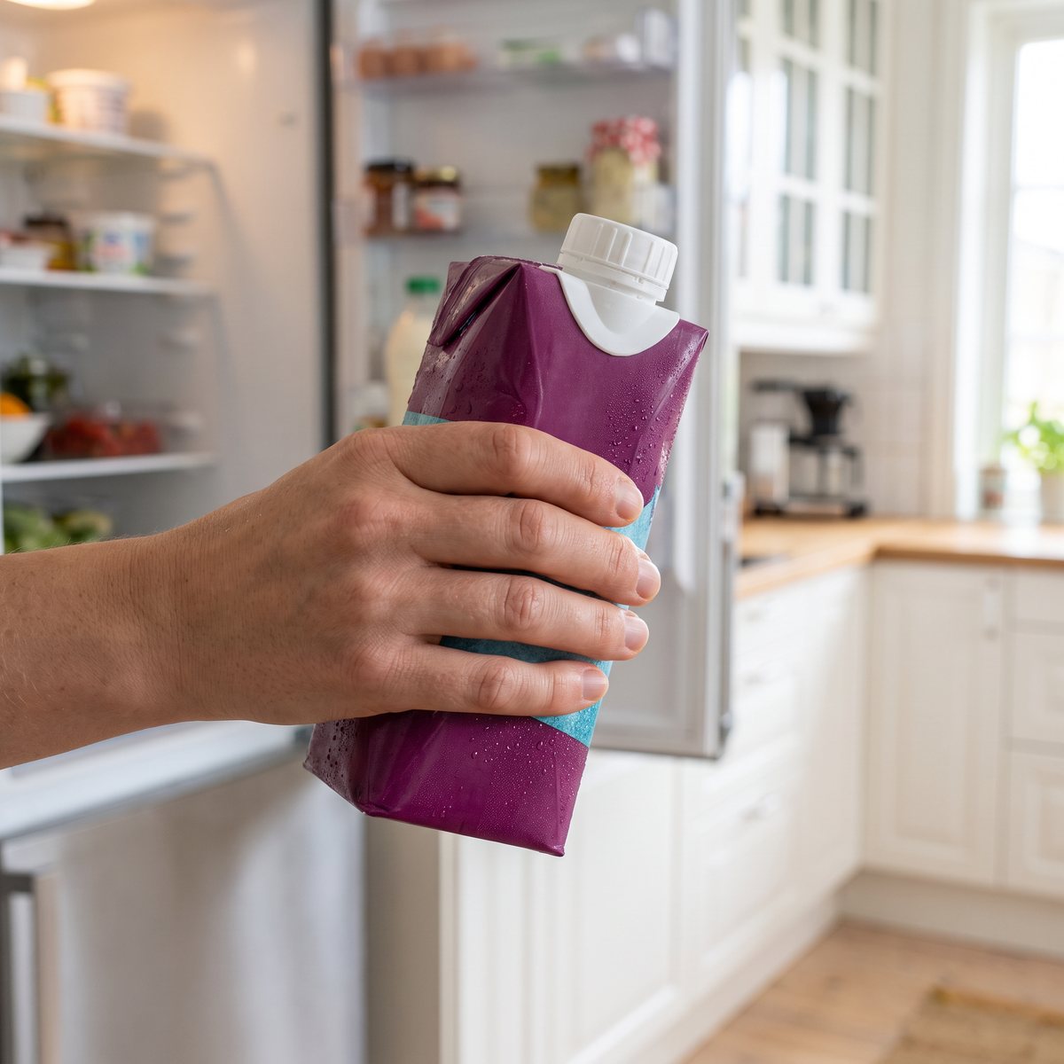 Naturdiet Shake Choklad i förpackning som hålls i handen vid kylskåpet i ett svenskt kök