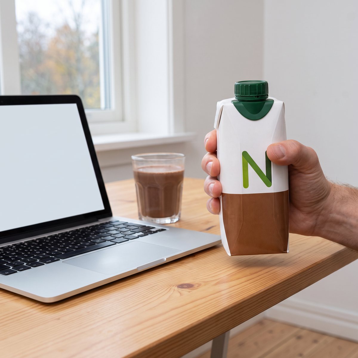 Nutrilett VLCD Shake Cocoa & Oat vid en laptop på ett skrivbord i ett svenskt hem