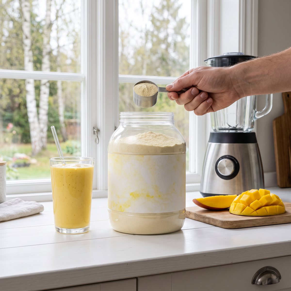 Protein.se Slim Mango Tropical i burk på en köksbänk i ett svenskt kök