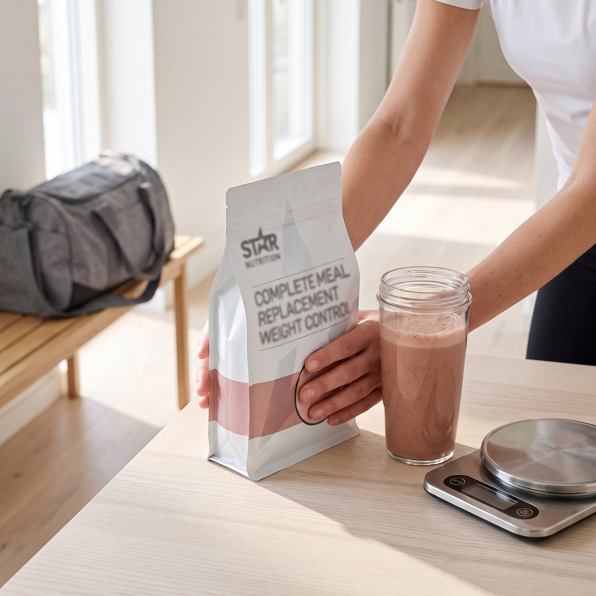 Star Nutrition Complete Meal i vit påse på ett bord i en ljus svensk hall