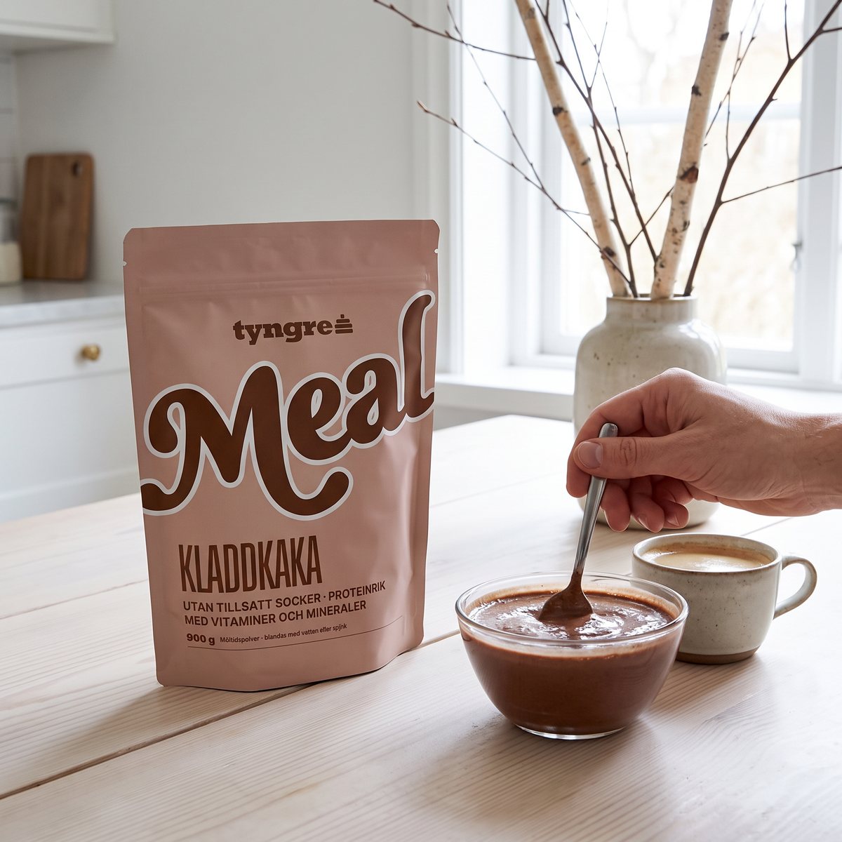 Tyngre Meal Kladdkaka i påse på ett köksbord i ett svenskt hem